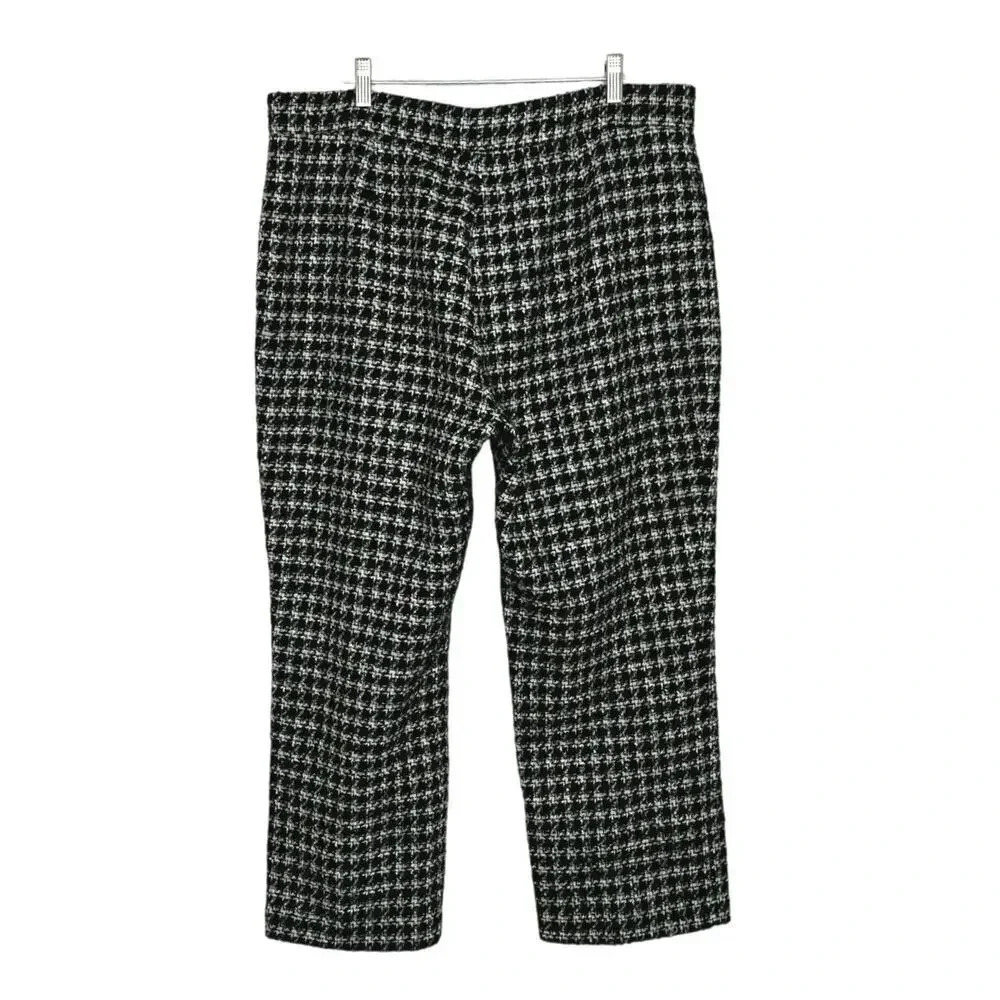 Zara Pants XXL Black White Green Houndstooth Tweed Straight Leg High Rise Ankle